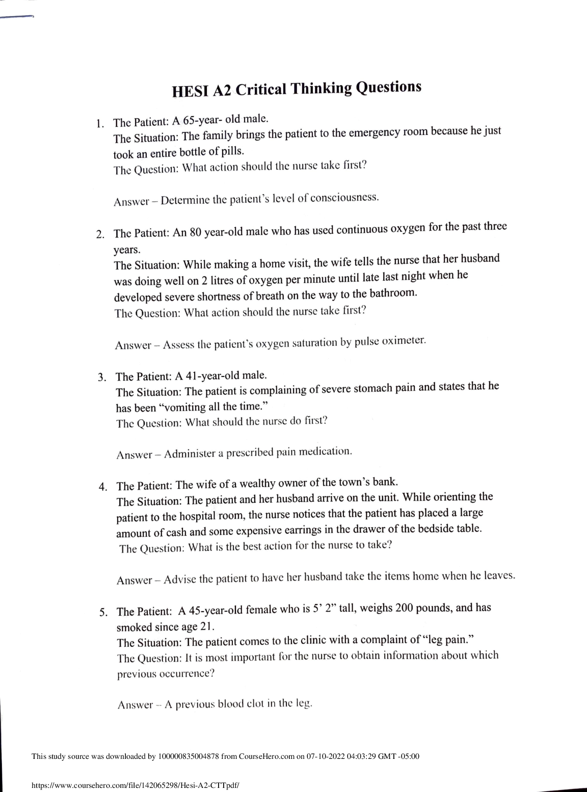 Preview of HESI A2 Critical Thinking Questions and Answers 2022